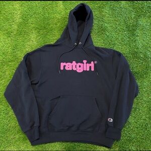 Champion Black Hoodie with Pink Ratgirl Design